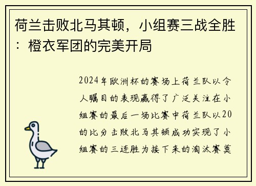 荷兰击败北马其顿，小组赛三战全胜：橙衣军团的完美开局